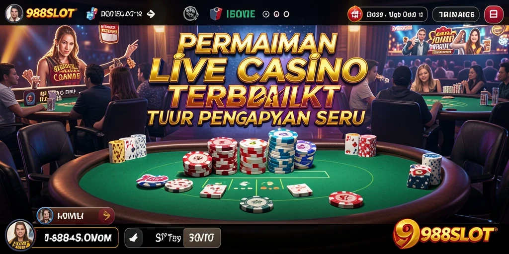 Screenshot gameplay <strong>988SLOT</strong> menunjukkan dealer live dan suasana kasino yang mendebarkan.