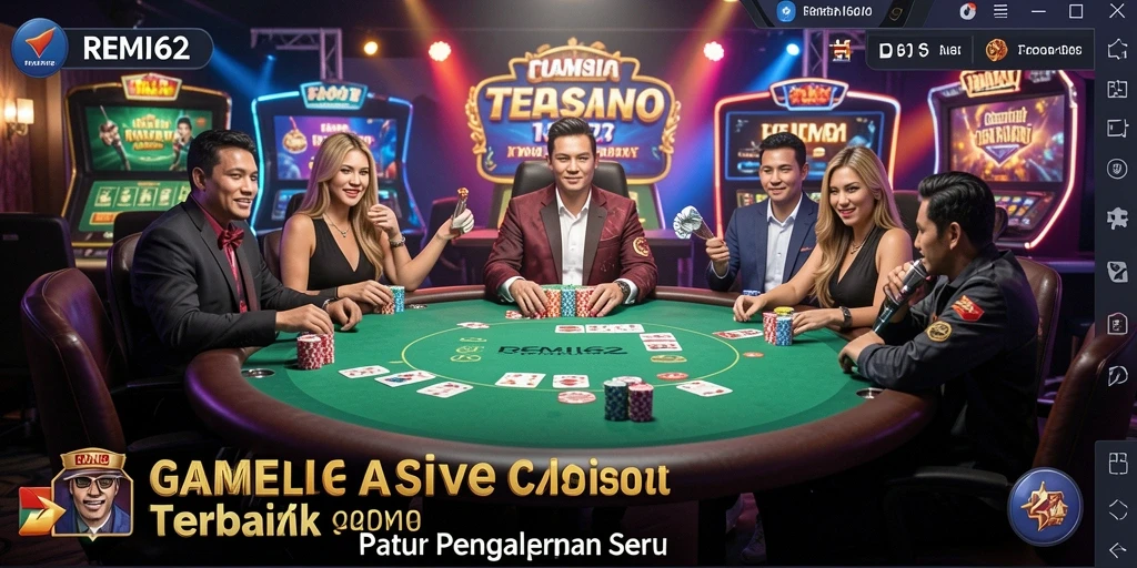 Screenshot gameplay Live Casino REMI62 dengan dealer profesional dan interaksi pemain.